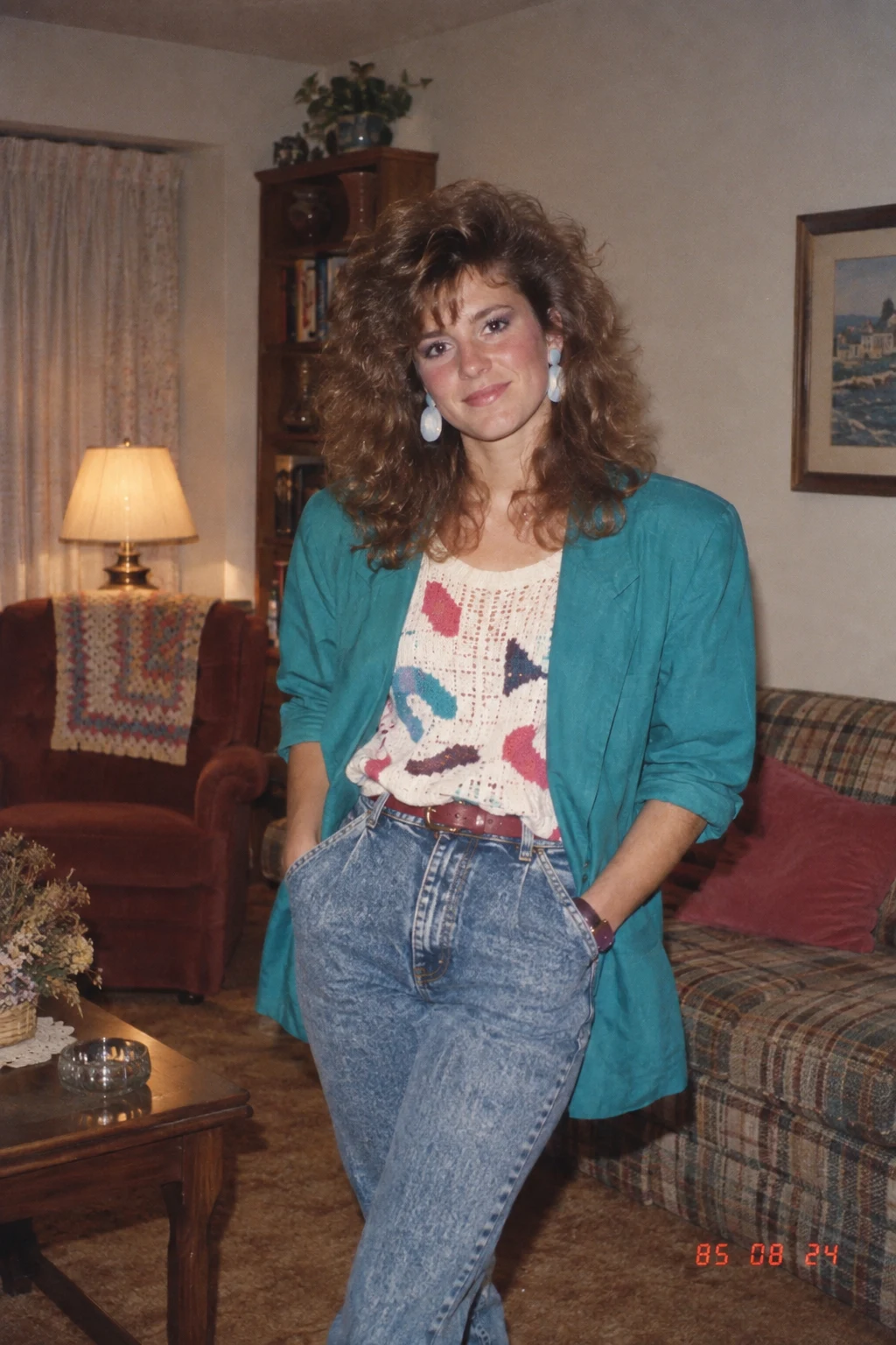 Illustrative 1985 portrait with bold mid-1980s styling, direct flash and a red-orange date stamp